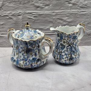 Vtg Lefton China Blue Paisley Sugar Bowl & Creamer Set Japan